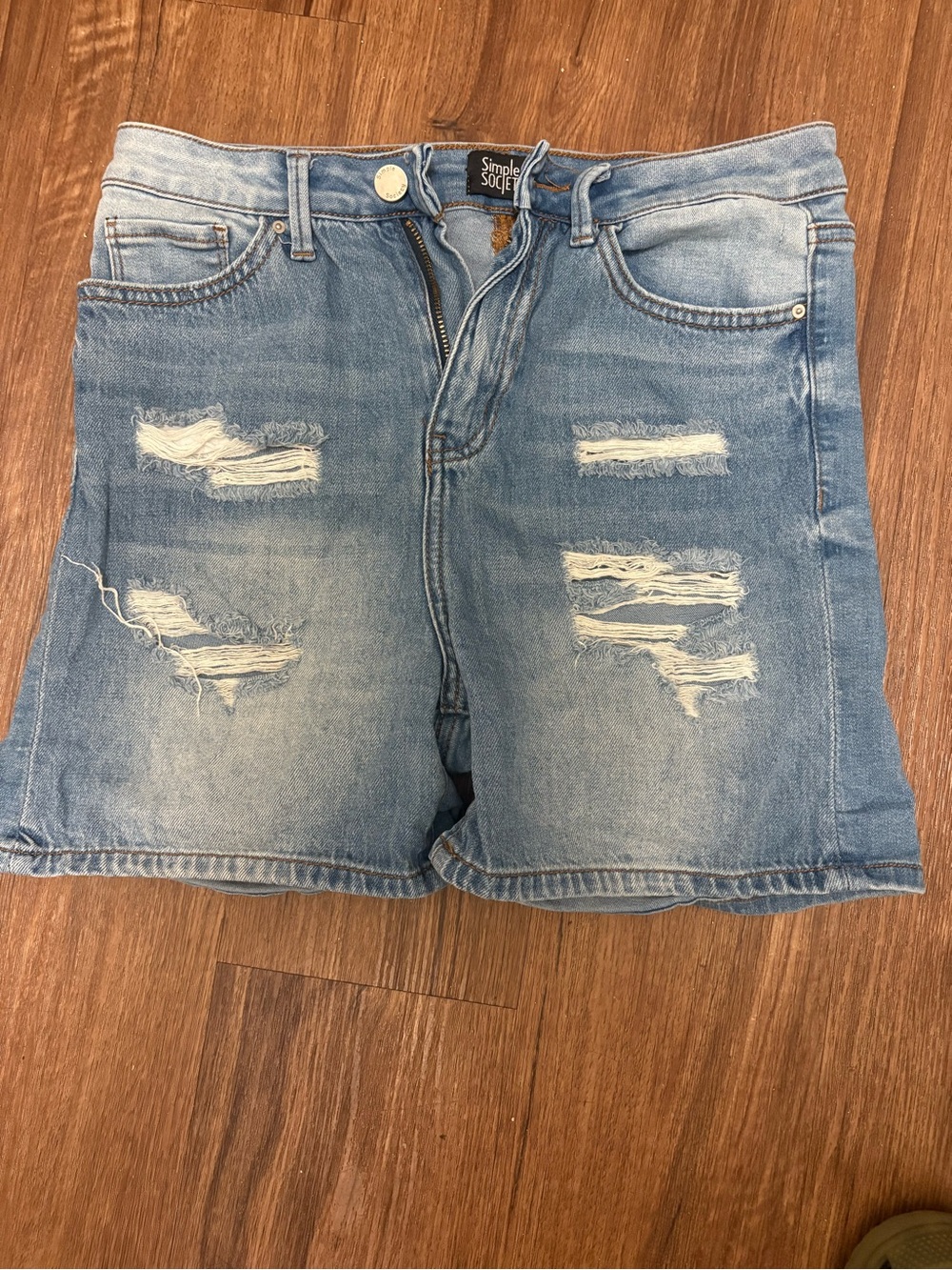 Simple Society Light Blue Distressed Denim Shorts